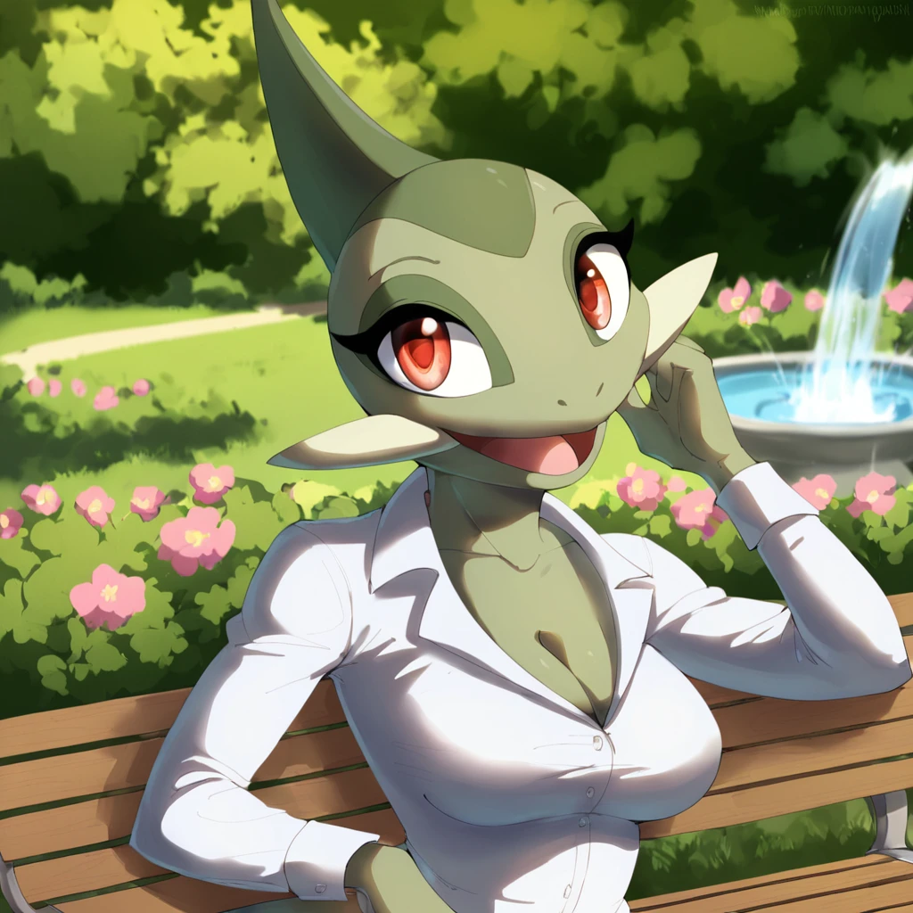 score_9, score_8_up, score_7_up, score_6_up, rating_safe, axew, pokemon, anthro, a professional photograph of axew in the park, in a beautiful park, flowers, trees, benches, fountains, female, red eyes, smile, open mouth, beautiful, outstanding, relaxing photography, countershading, diadema, realistic, dynamic pose, glistening skin, wearing casual clothes