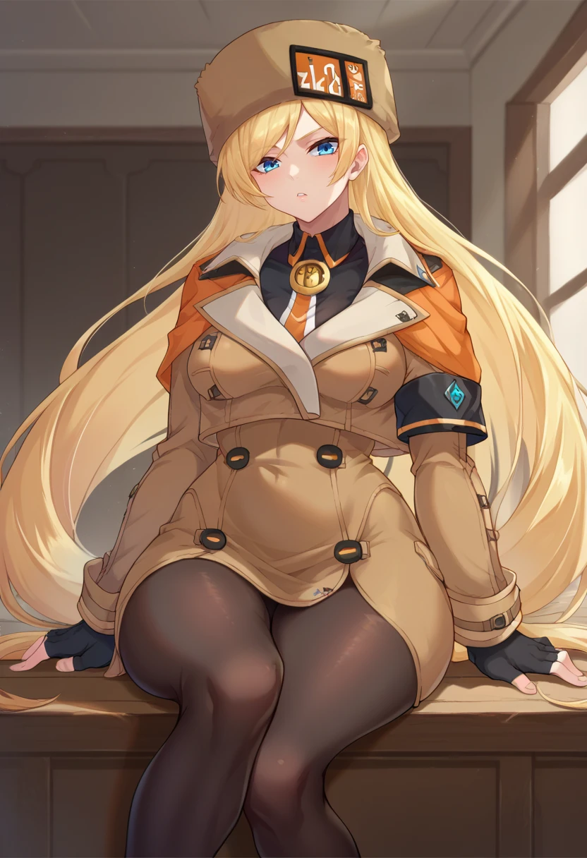 score_9,score_8_up,score_7_up BREAK <lora:MilliaRage:1>,MilliaRageSDXL,1girl,long hair,blue eyes,blonde hair,gloves,hat,very long hair,jacket,pantyhose,black gloves,fingerless gloves,coat,black pantyhose,brown coat,fur hat,ushanka,cowboy shot,room,room background,sitting,