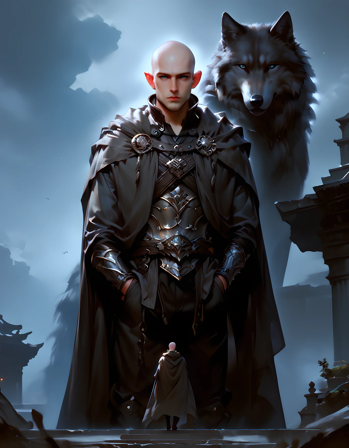 score_9, score_8, score_7, cowboy shot, 1boy, dai_solas,elf, bald, BREAK, oversized animal, black_wolf, black wolf, CONCEPT_Oversized_Animal_ownwaifu wolf, BREAK,  cape, furs, pauldron, standing, dim lighting, perfect quality, high quality, sitting, At night, <lora:DAI_Solas:0.7>