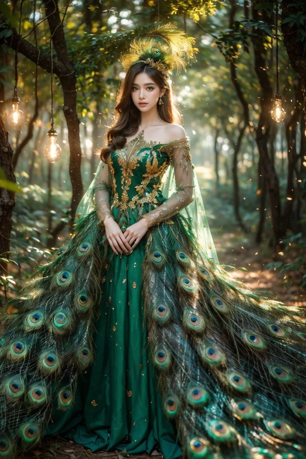 high quality,masterpiece,professional photography,8k,realistic,a girl in a peacock dress standing in a forest, jungle gown, fantasy photoshoot,royal green and nature light,looking majestic in forest,decorated with intricate details in emerald green and gold,solo,standing,long hair,looking at viewer,brown hair,long sleeves,brown eyes,blurry,tree,depth of field,fantasy art style,falling golden sparks add a magical touch to the scene, decorative light bulbs,plant,stairs,((peacock green feathers dress)),detailed textures, <lora:JAY - Jungle Princess:0.8>,