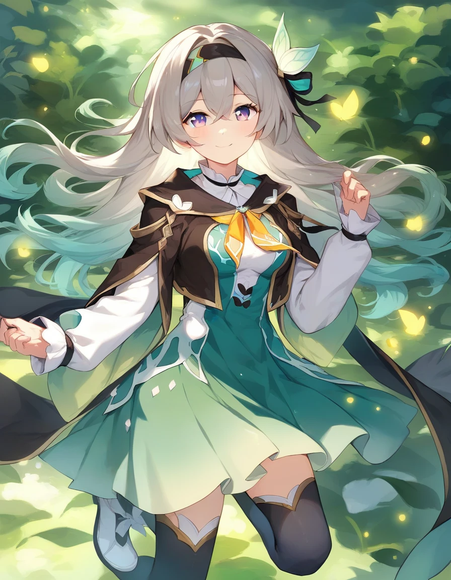 score_9,score_8_up,score_7_up,score_6_up BREAK official art,solo,outdoors,looking at viewer,facing viewer,smile,Firefly,long hair,grey hair,gradient hair,multicolored hair,floating hair,black hairband,hair ribbon,black ribbon,hair intakes,leaf hair ornament,hair between eyes,parted bangs,purple eyes,black cape,neck ribbon,yellow ribbon,green dress,long sleeves,medium breasts,green skirt,white bow,zettai ryouiki,black thighhighs,white footwear,<lora:Firefly(hsr)-Pony:1.2>,<lora:Smooth Anime Style LoRA XL:0.8>,