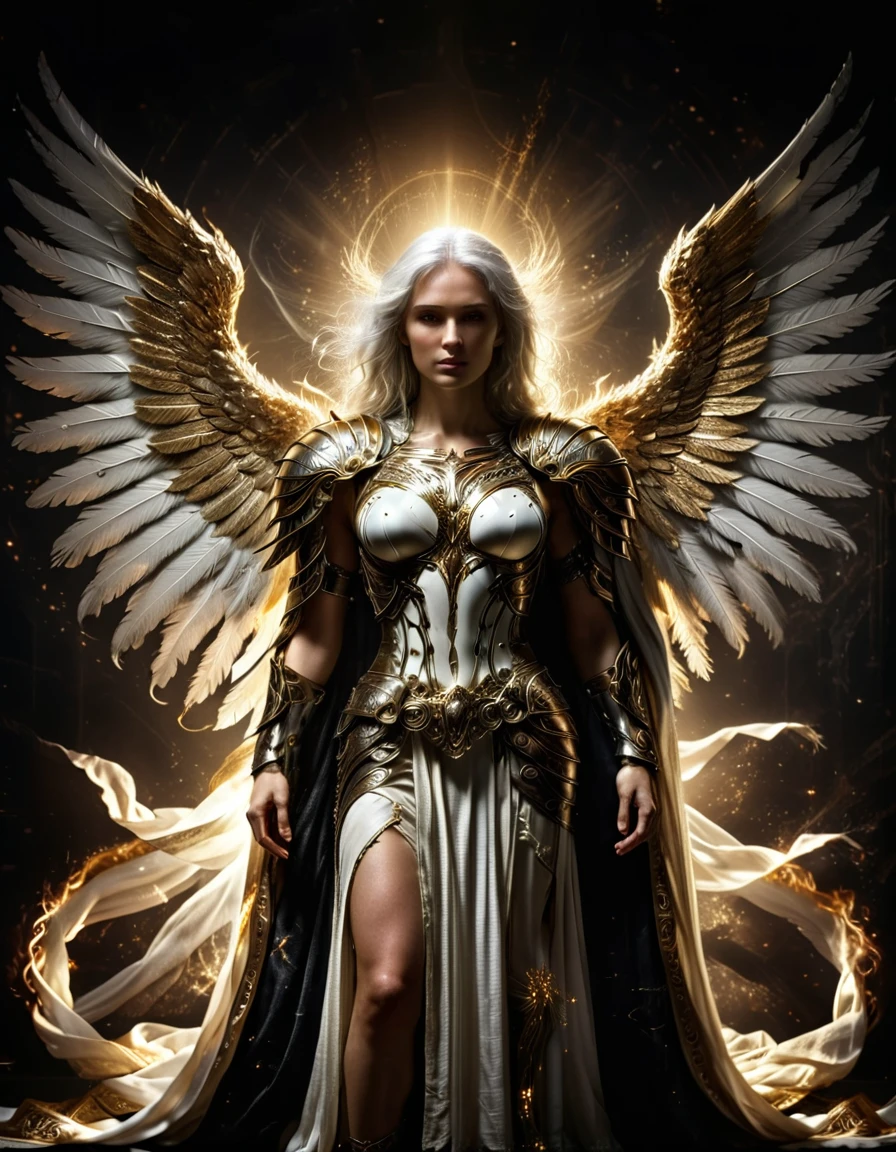 disciples 2, dark theme, full body Illustration of beautiful archangel, attractive face, medium breasts, white and gold drapery, white armor with gold trim, white hair, wings, masterpiece, best quality, Half Body, 1woman, portrait, ((intricate details)), hdr, ((intricate details, hyperdetailed)), cinematic shot, glare, Iridescent, Global Illumination, soft light, dream light, illustration, 