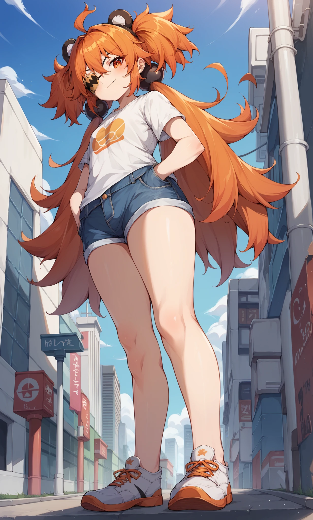 score_9, score_8_up, score_7_up, score_6_up, score_5_up, score_4_up, BREAK source_anime, 1girl, solo, outdoors, city, cowboy shot, standing, looking at viewer, smile, closed mouth, fang, koleda, orange eyes, eyepatch, orange hair, ahoge, long hair, two-side up, low twintails, black bobbles, hair bobbles, fake animal ears, white t-shirt, denim shorts, hands on pocket, white footwear, sneakers, from below, full body  