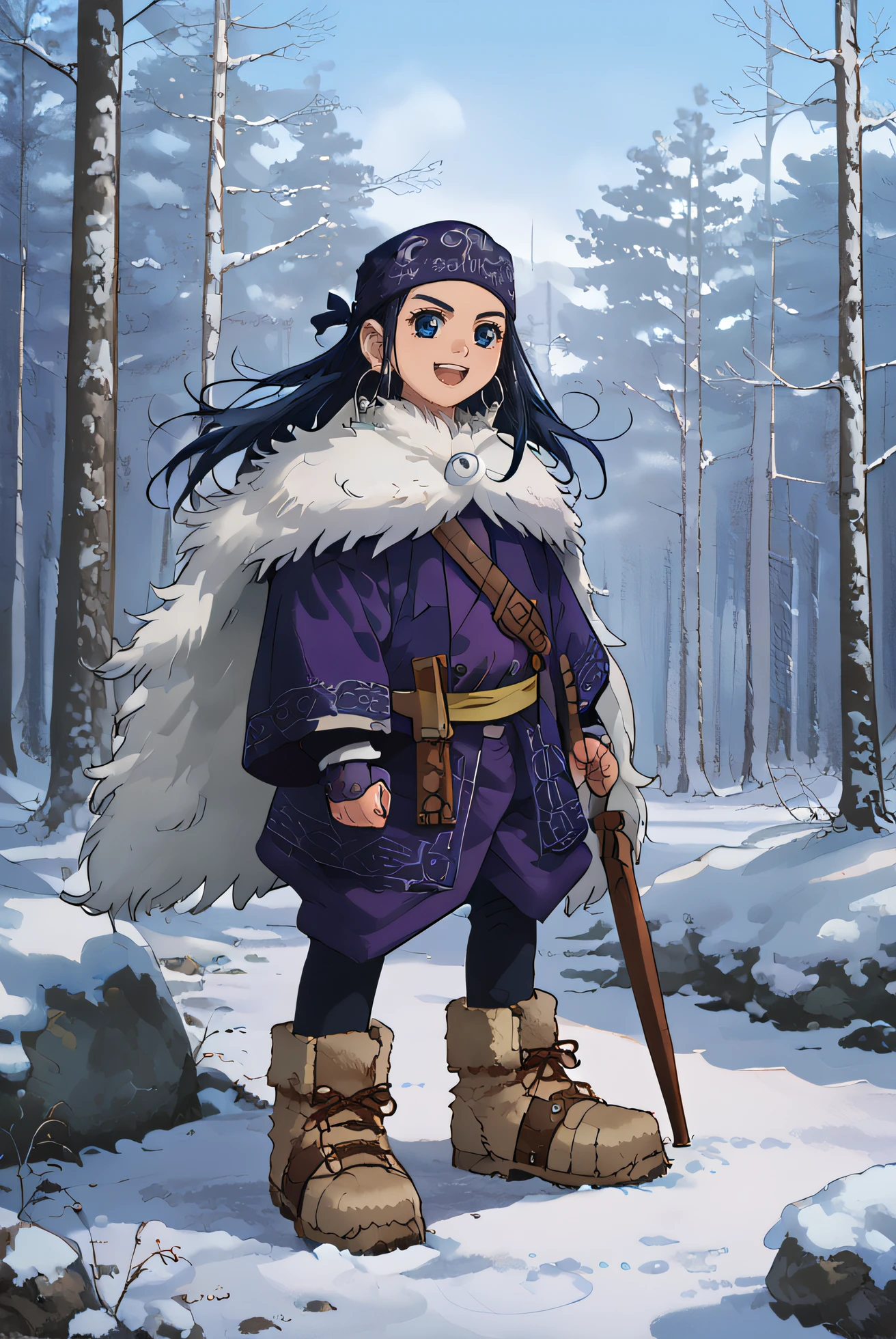 score_9, score_8_up, source_anime,
asirpa, 1girl, solo, long hair, smile, open mouth, blue eyes, black hair, blue hair, jewelry, standing, earrings, boots, cape, bow (weapon), hoop earrings, ainu clothes, bandana headband, fur cape, outdoors, forest, snow, <lora:asirpa-10:1> 
<lora:Smooth Style 2 SDXL_LoRA_Pony Diffusion V6 XL:0.8>