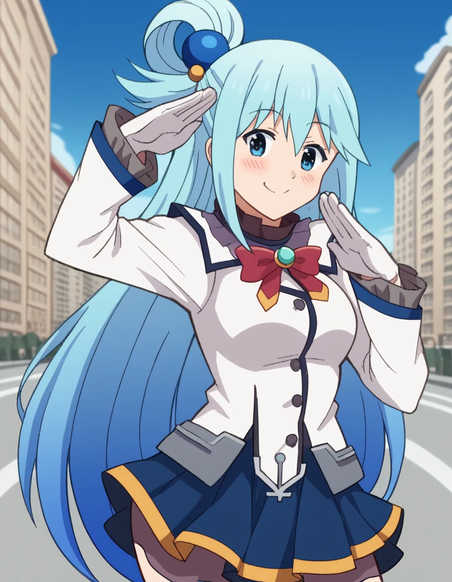 score_9, score_8_up, score_7_up, source_anime, konosubaaqua, <lora:konosuba-aqua-s2-ponyxl-lora-nochekaiser:1>, aqua (konosuba), long hair, blue eyes, hair ornament, very long hair, blue hair, hair rings, single hair ring, hair bobbles,, <lora:kashima-cosplay-ponyxl-lora-nochekaiser:1>, kashimacosplay, kashima \(kancolle\) \(cosplay\), beret, buttons, epaulletes, frilled sleeves, frills, gloves, grey skirt, hat, jacket, long sleeves, military, military uniform, miniskirt, pleated skirt, neckerchief, red neckerchief, skirt, uniform, white gloves, white jacket,, cityscape, street, smile, blush, salute,, cowboy shot, dutch angle, solo,