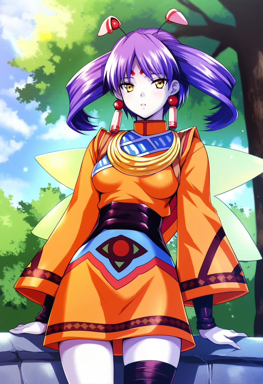 <lora:tio_grandia_ponyxl_v4:1>, tio, facial mark, forehead mark, earrings, wings, antennae, purple hair, yellow eyes, twintails, grey skin,
looking at viewer, cowboy shot, head tilt, parted lips,
orange dress, multicolored dress, short dress, wide sleeves, yellow torc, black belt, bandaged leg, black bandages,
outdoors, tree, bush, blue sky, cloudy sky, soil,
score_9, score_8_up, score_7_up, score_6_up, anime coloring, (hara \(harayutaka\):0.5), (m-da s-tarou, asou \(asabu202\):0.5), high quality, detailed, beautiful, shiny, outstanding, countershading, detailed soft lighting