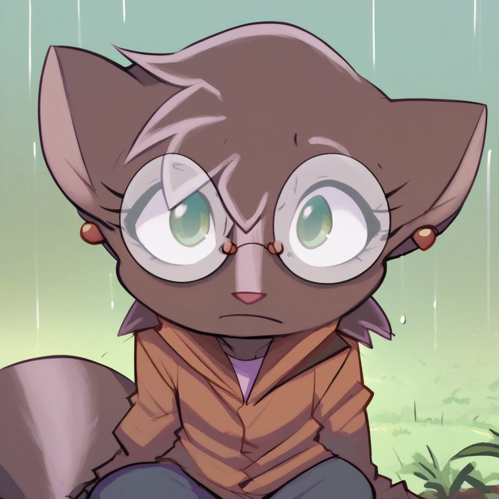 <lora:elihoremheb-04:1.5> score_9, score_8_up, score_7_up, source_furry, elihoremheb, 1girl, solo, skunk, green eyes, glasses, round eyewear, outdoors, rain, sitting