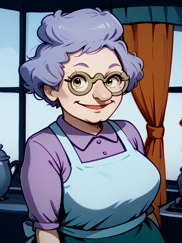 <lora:Minka_Kropotkin_-_Rugrats-10:1.25>1girl, old lady, light blue hair, blue shirt, apron, pince_nez_glasses, vintage_eyewear, dark blue skirt, portrait, looking at viewer, smile, source_cartoon, score_9, score_8_up, score_7_up,