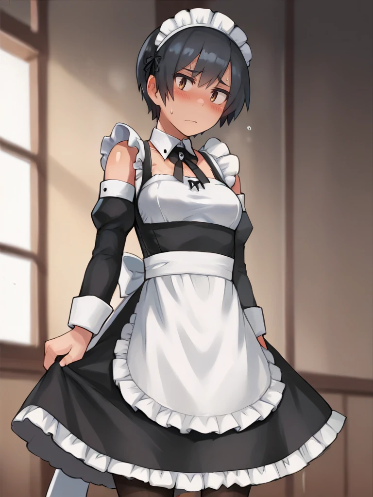 <lora:Lvi-PonyXL-1024px:0.9>
score_5_up,  score_6_up,  
1girl, solo, standing, wearing (maid_uniform, maid_headdress), bare_shoulders, detached_sleeves, detached_collar, blush, sweatdrop