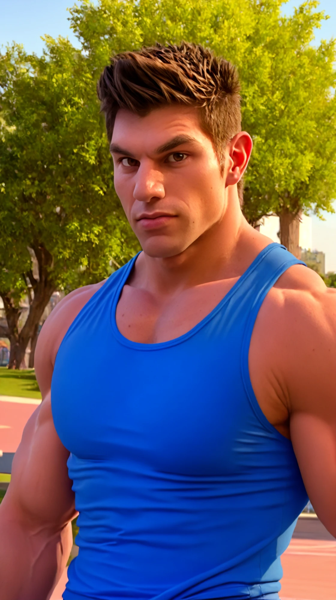 (face focus). (masculine:1.3), large strong physique:1.0, at outdoor sunny park, (muscular man wearing tight tank top:1.2), sexy pose:1.0, styled hair, confident, handsome, (((masterpiece))), (((best quality))), male, athletic, looking at viewer, (short hair), lower color saturation:1, lower contract color:1,  MikeModelDutz,  <lora:MikeModelDutz (1):1>