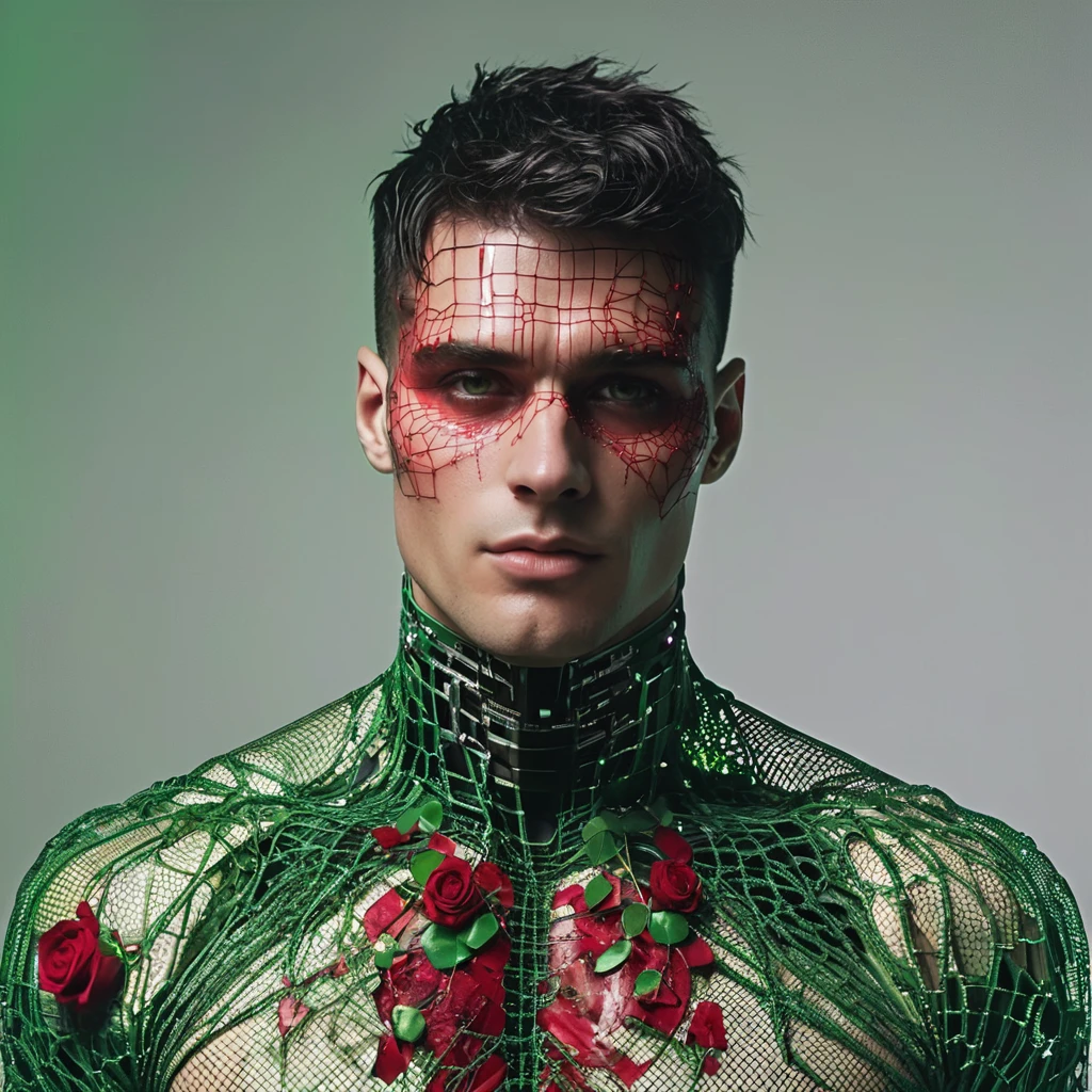 Hyperrealistic art half body photo of m4l1k a man,with red and green makeup, datamoshing, behance favourite, neural networks, vhs static, cyberpunk cyborg. roses, torn mesh, glitch, glitched out, distorted image, looking at camera, <lora:delgaty:.8> . Extremely high-resolution details, photographic, realism pushed to extreme, fine texture, incredibly lifelike