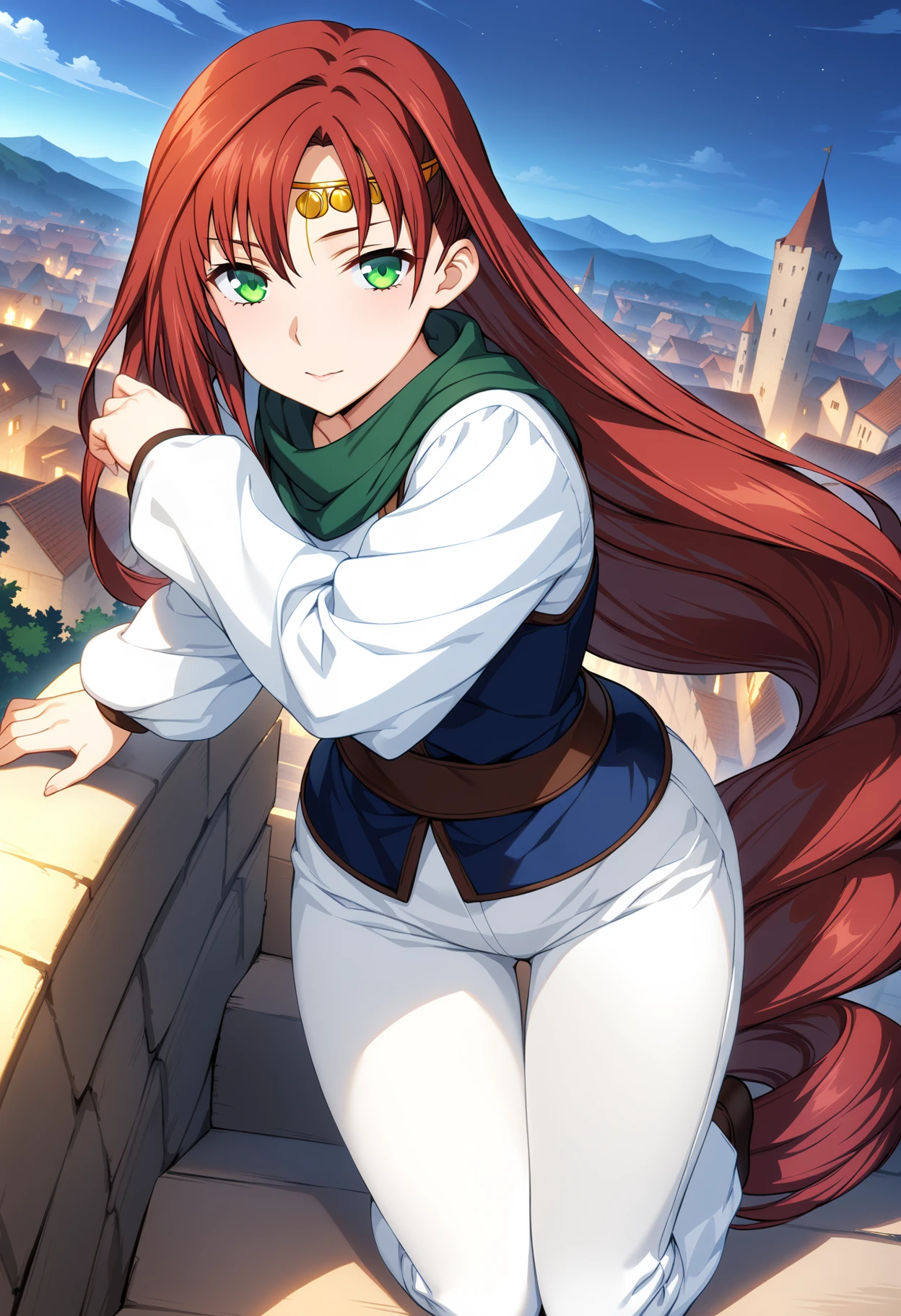 (masterpiece:1.2),best quality,very aesthetic,absurdres,fantasy,1girl,<lora:elenoa_ran_v2:1>,elenoa_ran,circlet,02clothes,white pants,red hair,green eyes,very long hair,medieval cityscape,looking_at_viewer,dynamic_angle,cinematic_angle,(night:1.2),stars,<lora:Fixhands_anime_bdsqlsz_V1:1>,full body,sitting_on_stairs,, masterpiece,best quality, very aesthetic, absurdres, ultra detailed, high resolution, 4k, extremely detailed CG,