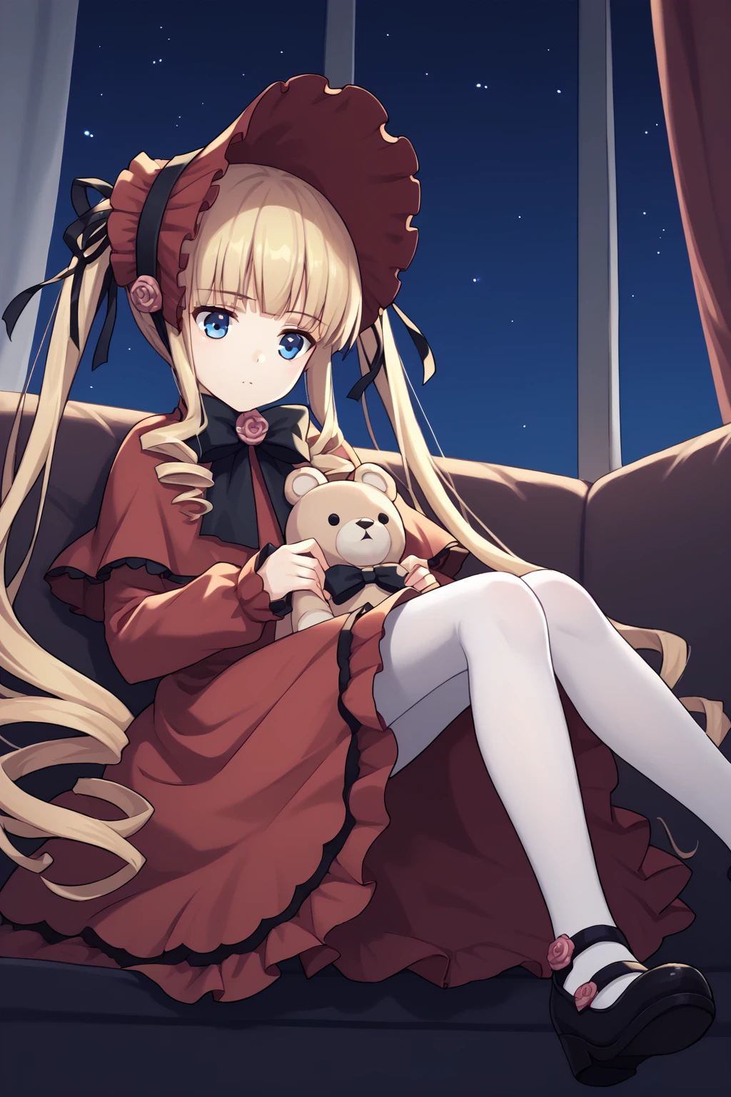 score_9, score_8_up, score_7_up, score_6_up, score_5_up, score_4_up, source_anime, BREAK
1girl, <lora:Shinku_pdxl_v1.0:0.9> shinku, capelet, dress, bonnet, bow, ribbon, white pantyhose, shoes, BREAK
sitting, dynamic angle, night, starry sky, dark, sleepy, holding, stuffed animal, stuffed toy, indoors