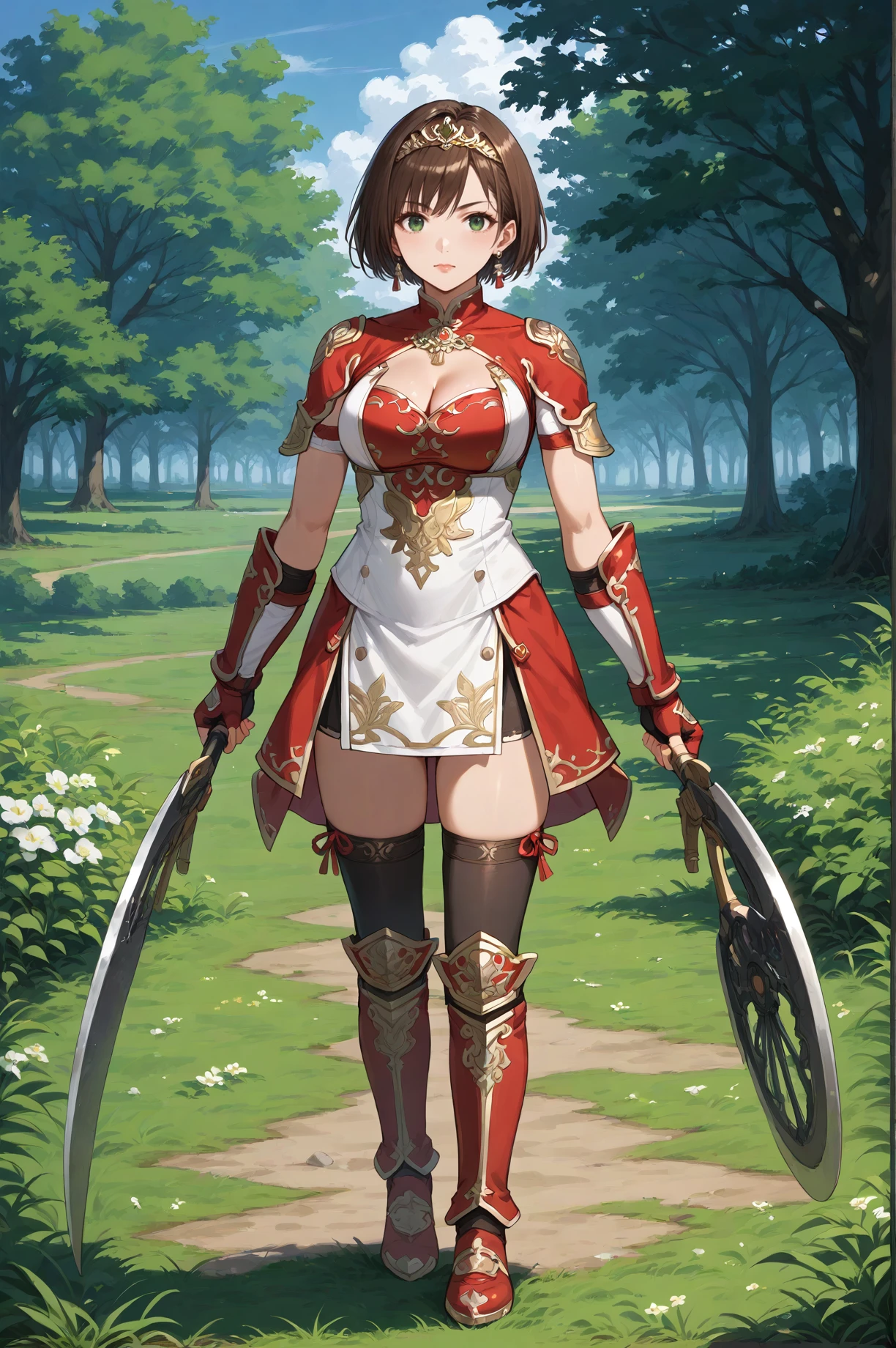 score_9, score_8_up, score_7_up, source_anime, masterpiece, best quality, BREAK <lora:Sun_Shangxiang_Dynasty_Warriors:0.7> solo, 1girl, short hair, brown hair, green eyes, tiara, jewelry, earrings, armor, fingerless gloves, outdoors, thighhigh, weapon, dual wield, cleavage cutout, red shoes, looking at viewer