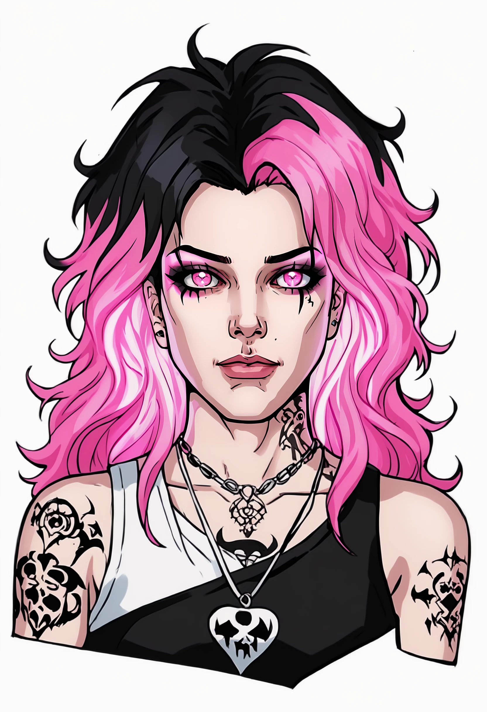 score_9, score_8_up, score_7_up, Goth girl, goth girl 1girl, 1girl, solo, looking at viewer, long hair, hair between the eyes, bare shoulders, jewelry, (black hair, pink hair, multicolored hair, glowing hair), tattoo, sleeveless, pink eyes, necklace, two-tone hair, lips, makeup, white background, portrait, spot color