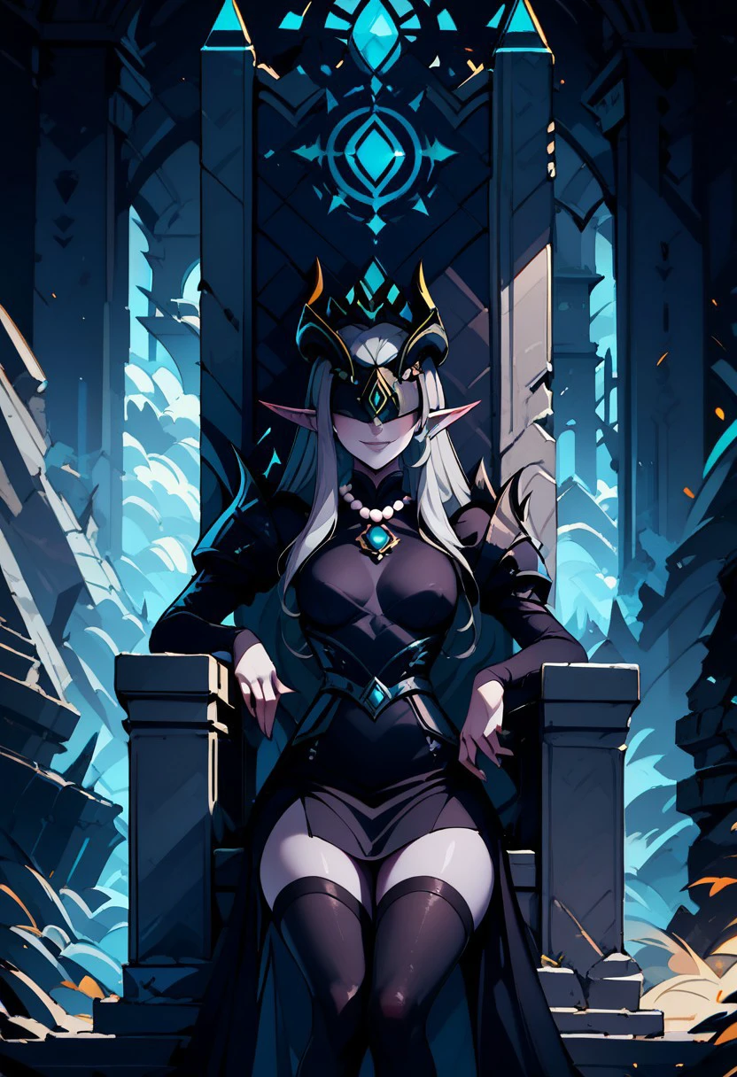 score_9, score_8_up, score_8, medium breasts, (curvy), cute,      
BREAK,
zzShemira, pointy ears, covered eyes, grey skin, black dress, thighhighs, magic,
BREAK,
smile, looking at viewer, 
graveyard, 
head tilt, sitting on throne, huge throne, oversized throne, ruins, 
abandoned castle, crown, pearl necklace, 
zPDXL, Expressiveh