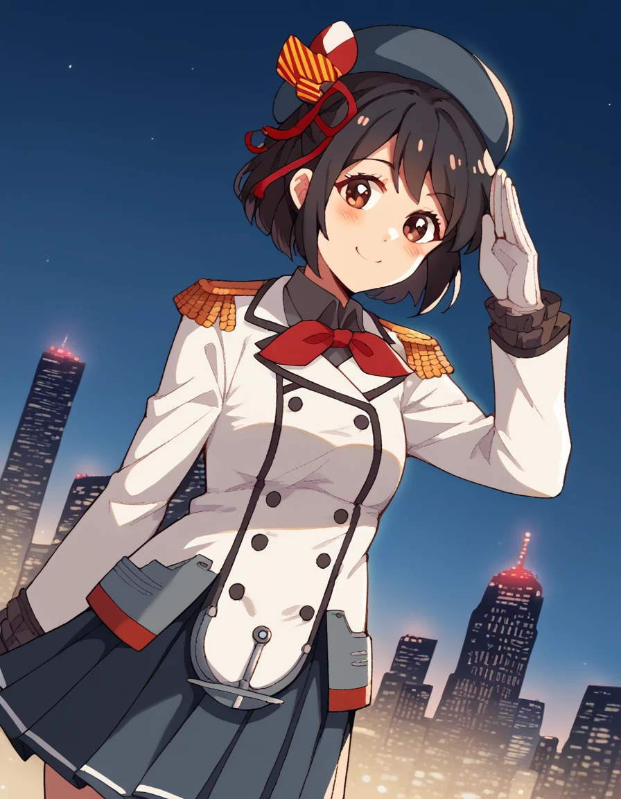 score_9, score_8_up, score_7_up, source_anime, mitsuhamiyamizu, <lora:mitsuha-miyamizu-ponyxl-lora-nochekaiser:1>, mitsuha miyamizu, black hair, brown eyes, short hair, ribbon, hair bun, hair ribbon, red ribbon,, <lora:kashima-cosplay-ponyxl-lora-nochekaiser:1>, kashimacosplay, kashima \(kancolle\) \(cosplay\), beret, buttons, epaulletes, frilled sleeves, frills, gloves, grey skirt, hat, jacket, long sleeves, military, military uniform, miniskirt, pleated skirt, neckerchief, red neckerchief, skirt, uniform, white gloves, white jacket,, cityscape, street, smile, blush, salute,, cowboy shot, dutch angle, solo,