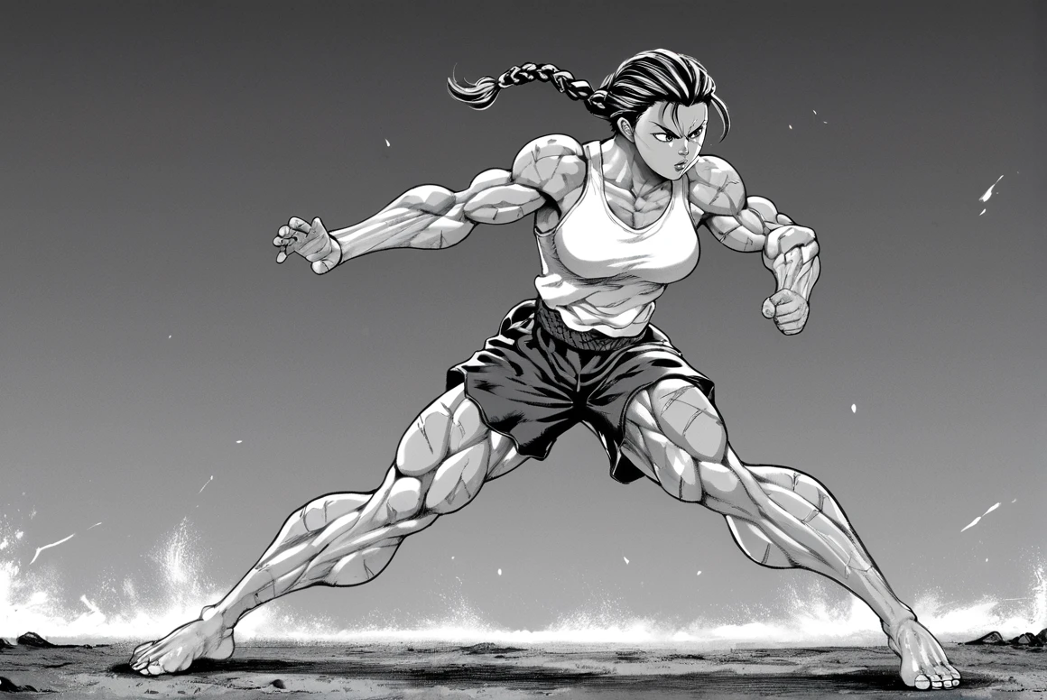 score_9, score_8_up, score_8,   <lora:Itagaki_v2:0.8> b4kisty13, greyscale, monochrome, 1girl, muscular female, tank top, braid, shorts, barefoot, fists, fighting pose, scars