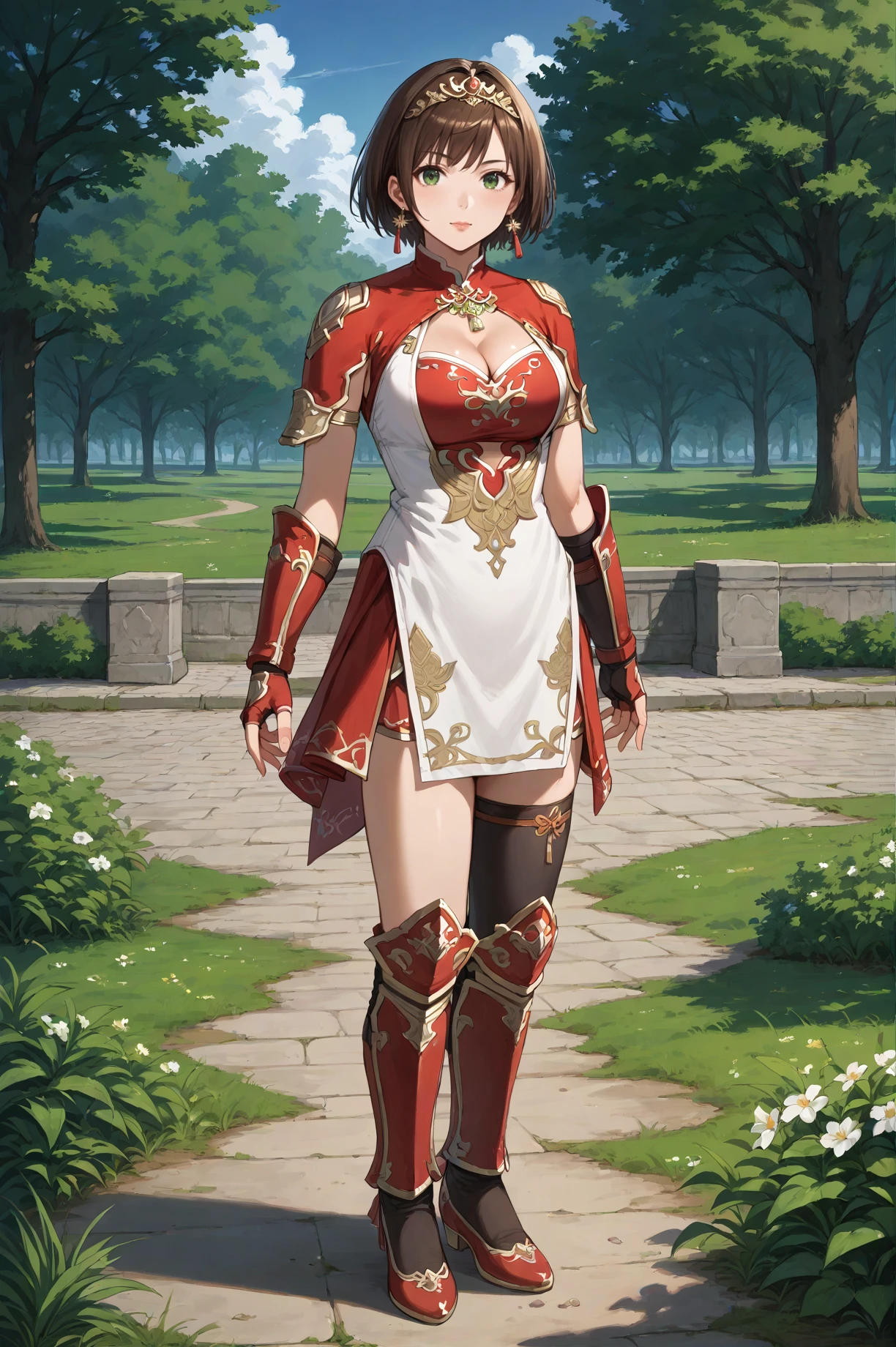 score_9, score_8_up, score_7_up, source_anime, masterpiece, best quality, BREAK She stands with her hands on her hips, exuding confidence., <lora:Sun_Shangxiang_Dynasty_Warriors:0.8> solo, 1girl, short hair, brown hair, green eyes, tiara, jewelry, earrings, armor, cleavage cutout, fingerless gloves, thighhigh, outdoors, looking at viewer