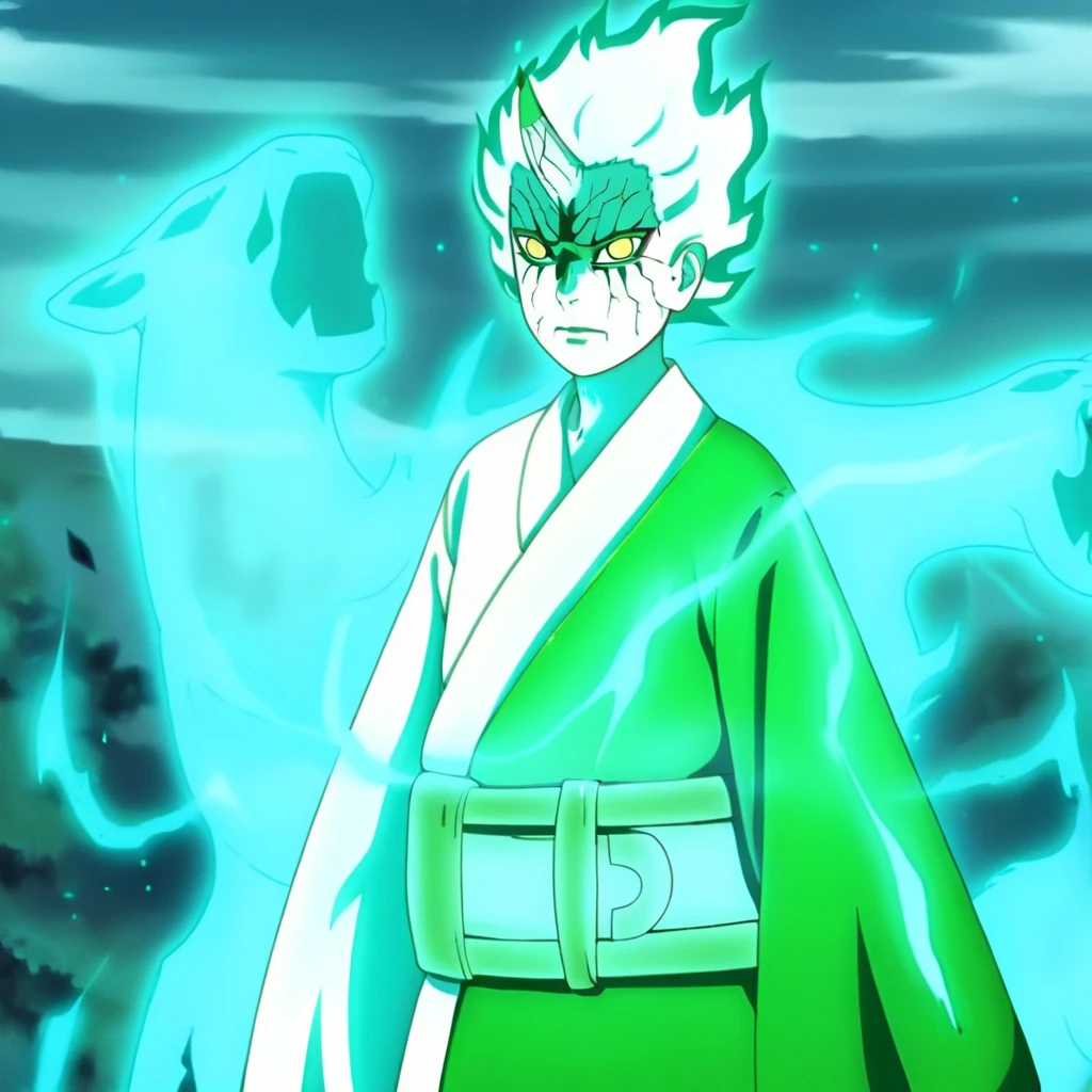 Mitsuki,sage mode,short hair,floating hair,white hair,horn on forehead,pale skin,yellow eyes,facial mark,white and green kimono,wide sleeves,green belt,aqua aura,medium shot,battlefield background