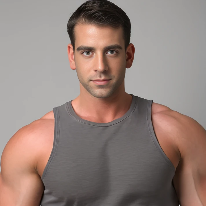 (portrait:1.2), (straight-on:1.2), <lora:MattCole:0.9>, mattcole, tank top, absurdres, (muscular male:1.1), grey background