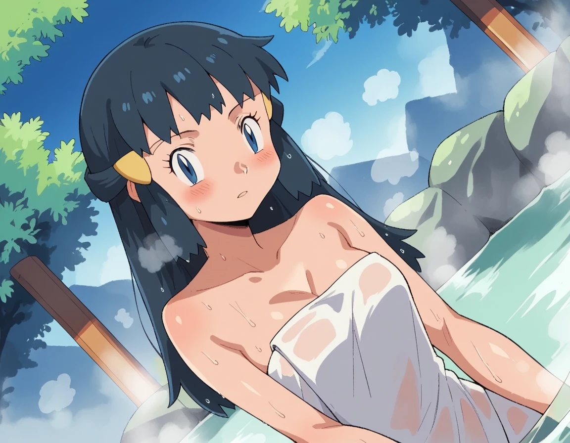 score_9, score_8_up, score_7_up, source_anime, pokemondawn, <lora:pokemon-dawn-anime-ponyxl-lora-nochekaiser:1>, pokemon dawn, black hair, blue eyes, sidelocks, long hair,, nude, naked, outdoors, onsen, towel, naked towel, steam, bathing, nude cover, partially submerged, water, bath, steam censor, wet towel, blush, looking at viewer, solo, cowboy shot, dutch angle