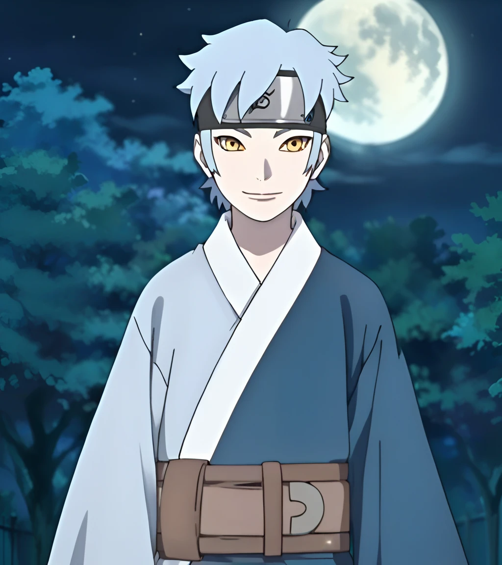 1boy,solo,smile,looking at viewer,Mitsuki,short hair,blue hair,forehead protector,konohagakure symbol,pale skin,yellow eyes,blue and navy kimono,wide sleeves,belt,medium shot,night,full moon,anime_screencap,fake_screenshot,score_9,score_8_up, score_7_up, score_6_up, score_5_up,score_4_up,source_anime,fine anime screencap,style parody,official style,anime coloring<lora:EMS-419346-EMS:0.800000>