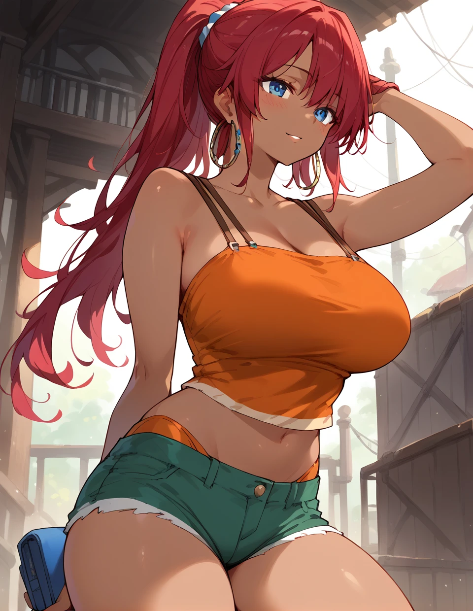 1girl,<lora:bellows_pony:1>,bellows,red hair,blue eyes,ponytail,large breasts,dark skin,
bare shoulders,orange tank top,hoop earrings,shorts,short shorts,, score_9,score_8_up,score_7_up,score_6_up,score_5_up,score_4_up,