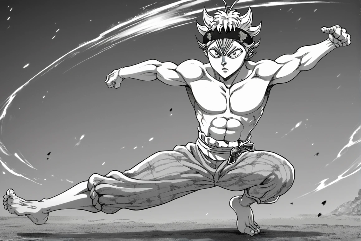 score_9, score_8_up, score_8,   <lora:Itagaki_v2:0.8> b4kisty13, greyscale, monochrome, 
  <lora:asta_black_clover_pony:0.8> asta_black_clover, male focus, solo, topless male, fighting pose, barefoot