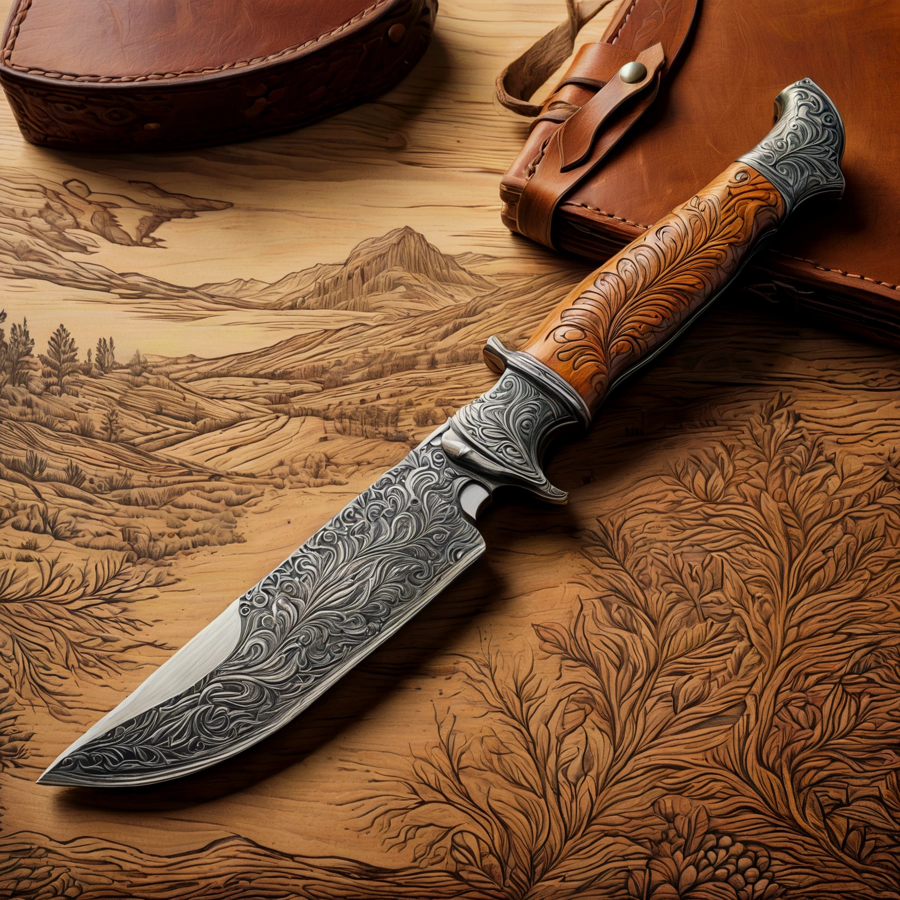 Color drawing of a rustic, intricately engraved knife with leather-wrapped handle.

<lora:PencilDrawEn01_CE_SDXL:0.8>