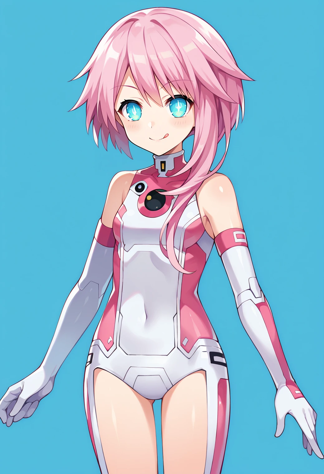 score_9, score_7_up, hd, (ultra hd quality details), source_anime, blue background,
solo, 1girl, wsrambase, pink hair, power symbol, symbol-shaped pupils, short hair with long locks,
wsbodysuit01, bare shoulders, elbow gloves, white gloves, thighs,
looking at viewer, smile, tongue out,
standing,
<lora:_ram_neptunia-elesico-pony-v1.1:0.9>