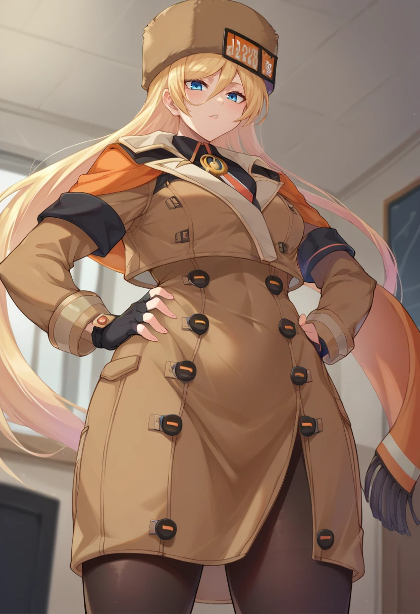 score_9,score_8_up,score_7_up BREAK <lora:MilliaRage:1>,MilliaRageSDXL,1girl,long hair,blue eyes,blonde hair,gloves,hat,very long hair,jacket,pantyhose,black gloves,fingerless gloves,coat,black pantyhose,brown coat,fur hat,ushanka,cowboy shot,room,room background,from below, hands on hips,