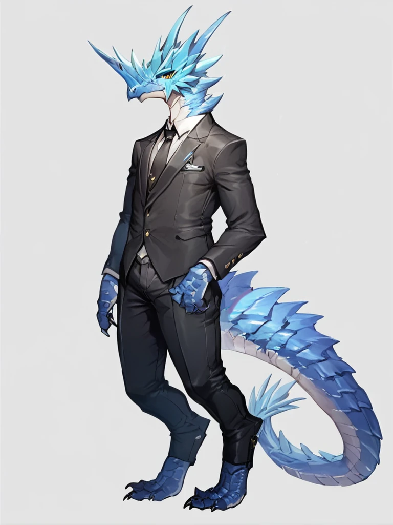 zPDXL,
Velkhana(enforce),dragon,(authro:1.2),blue body,scales,kemono,full body,tail,male,<lora:Velkhana2-000012:1>,standing,white background,looking at viewer,black suit,