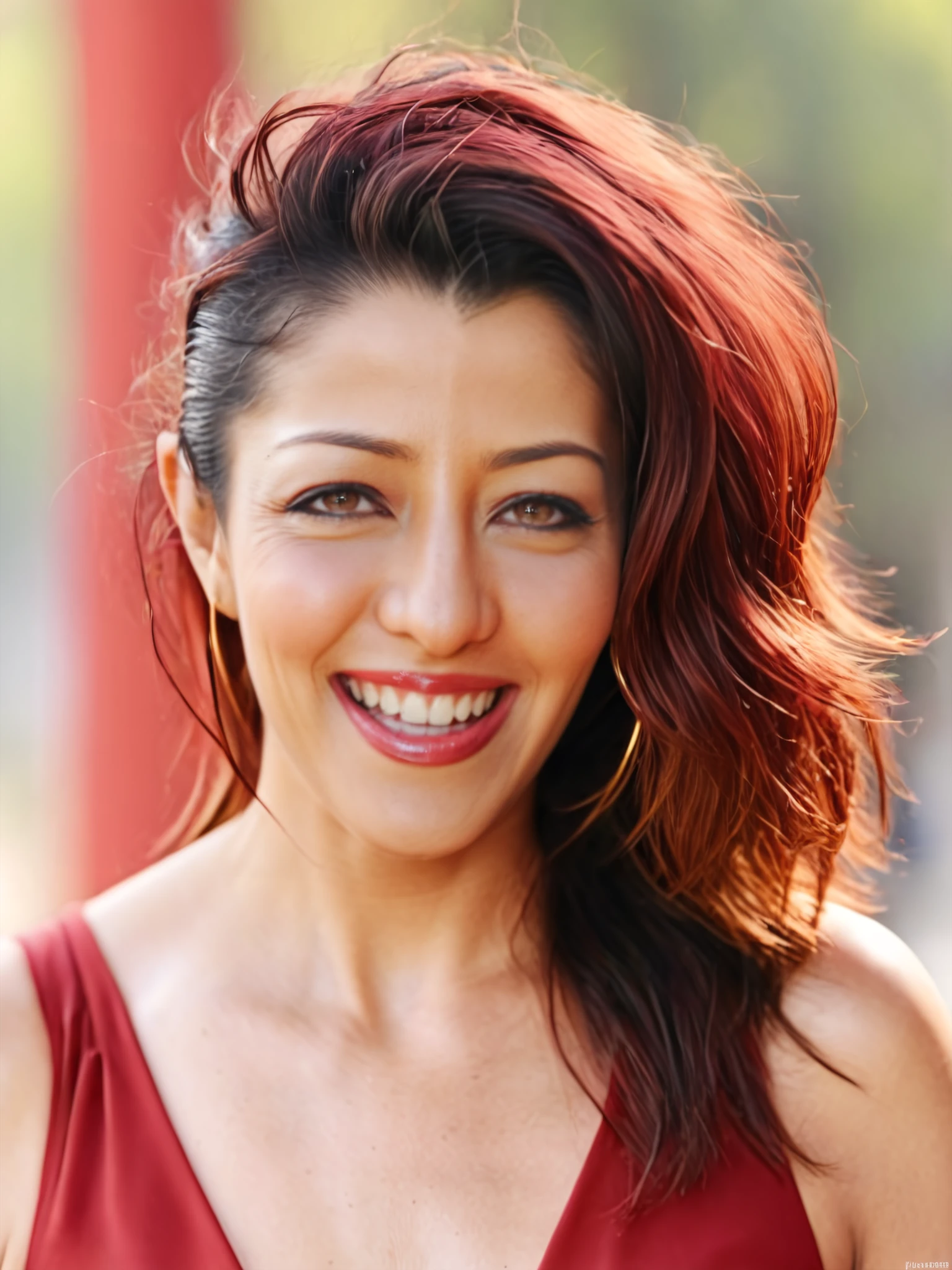 portrait photo of aditi govitrikar woman, solo, messy hair cut, laughing, looking at the camera,  Crimson ethnic clothing, , contrasting background bokeh, <lora:Aditi_Govitrikar_SDXL_LoRA_prodigy_local_xformers_HNE:1>