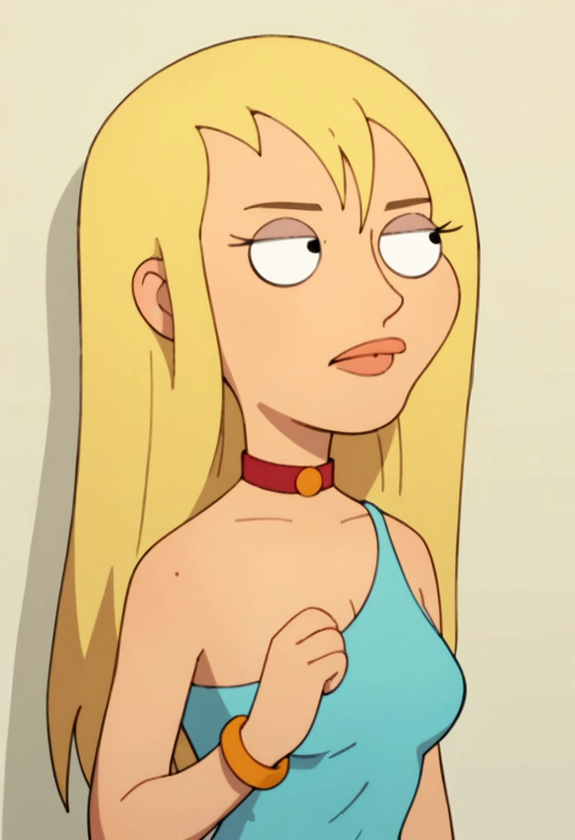 Score_9_up, score_8_up, score_7_up, 1girl, solo, jrwfg, blonde hair, long hair, necklace pink dress, cleavage,