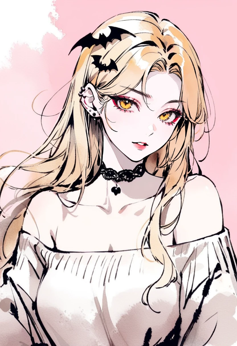 masterpiece, best quality,<lora:inkXL_ANI31_lokr_V43P1:0.95>monochrome, watercolor, 1girl, solo, bat hair ornament, choker, long hair, hair ornament, blonde hair, jewelry, earrings, eyeshadow, looking at viewer, black choker, makeup, yellow eyes, off shoulder, simple background, parted lips, bare shoulders, collarbone, sweater, ear piercing, eyelashes, piercing, white background, white sweater, upper body, off-shoulder shirt, lace choker, portrait, parted bangs, off-shoulder sweater, pink background