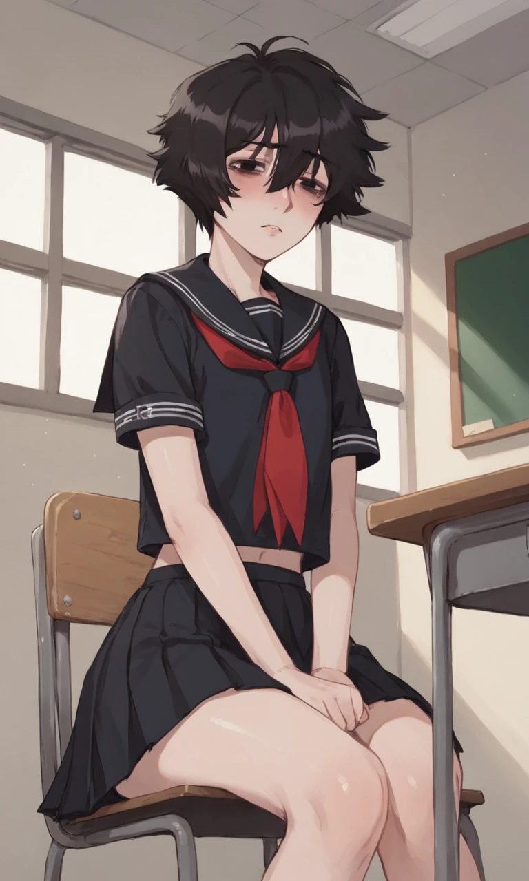 score_9, score_8_up, score_7_up, source_anime, masterpiece, best quality, lots of details, in japanese classroom, from below, BREAK
1boy, solo, 18 years old, adult, tall, femboy:0.2, doomerboy, black hair, black eyes, short hair, hair between eyes, bags under eyes, blushing, shiny skin, looking at viewer, serafuku, seifuku, schoolgirl outfit, short sleeves, red ribbon, thighs, sitting on classroom table