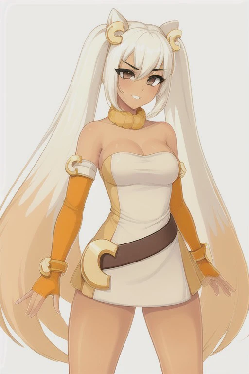 cassiecrushcrush, solo, 1girl, long hair, twin tails, skin tan, tan dress, orange knee boots, brown eyes, orange detached sleeves, orange fingerless gloves, brown belt, gold c hair ornaments, thick thighs, simple background, looking at viewer, (HD, 4K, High quality),