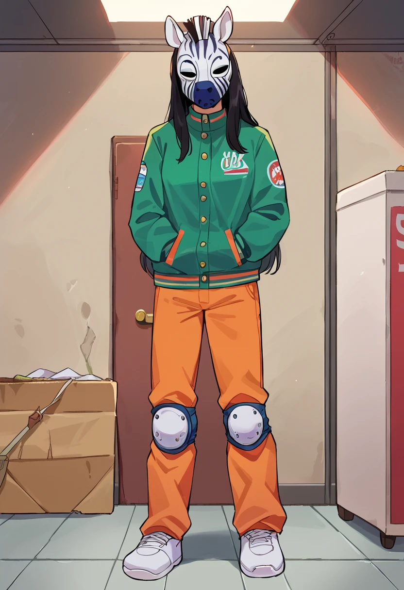 score_9,score_8_up,score_7_up,source_anime,score_6_up BREAK 1girl,coreyhlm, <lora:CoreyHLMponey:0.8>,standing,full body,facing viewer,green jacket,orange pants,knee pads,mask,long hair,zebra mask,dark-skinned female,expressionless,indoors,in basement