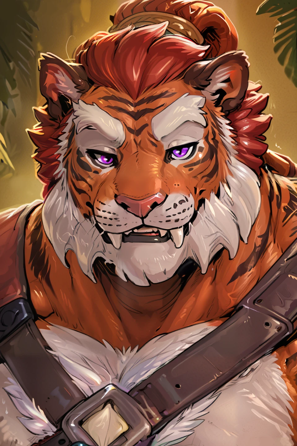 by majmajor, (by greasymojo:1.1), (by mawmain:0.9), hi res, (masterpiece:2), best quality, (male, masculine, dominant male), headshot, face, closeup, (tiberius:1.2), bara, big chin, [mature], (white thick eyebrows), long beard, white beard, red hair, [big traps, bulging pecs], tiger, [[harness]], inviting to sex, raised eyebrow, happy, smirk, [fangs], looking at viewer