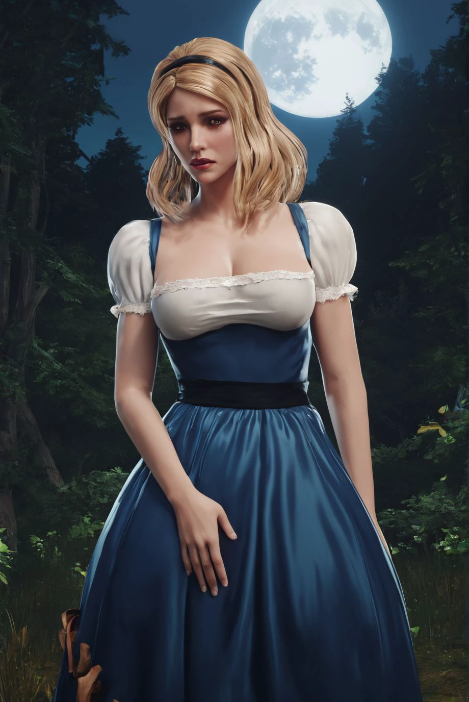 score_9, score_8_up, score_7_up, score_6_up, high-resolution render of alicekiller, high detail, 4k, blonde, brown eyes, makeup, red lips, black thin hairband, wearing strapped blue dress, white blouse, breasts, white puffy short sleeves, standing in a forest,worried, night, full moon, BREAK  <lora:AliceKiD_2:0.7>