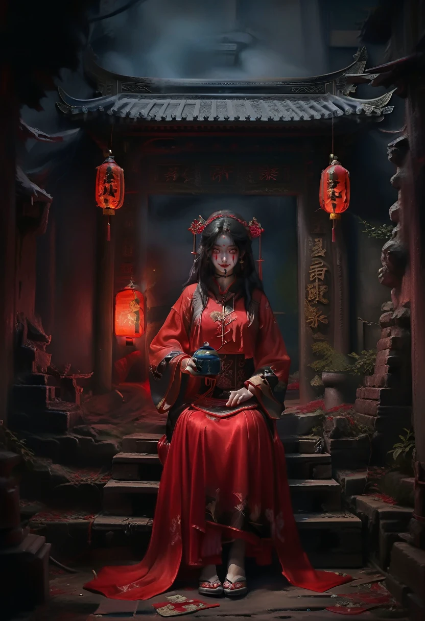 (((best quality, masterpiece, ultra-detailed))), (((high quality photography, Canon EOS R3, photorealistic))), horror art, dark, Chinese Horror, 1girl, upper body, solo, Chinese architecture, Graveyard, haunted houseChinese architecture, haunted house, chinese lantern, horror, dark theme, night, smoke, red hanfu, mirror, coffin, blood, red clothes, best quality, <lora:增加細節3:1>