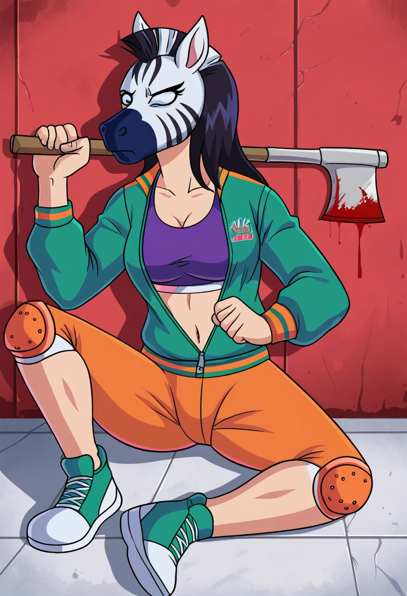 1girl,coreyhlm,solo, <lora:CoreyHLMponey:0.85>,facing viewer,green jacket,unzipped jacket,sports bra,orange pants,knee pads,scowling,dark-skinned female,dark skin,(mask,zebra mask:1.2),long hair,covered face,holding axe,in luxury apartment,action shot,blood on floor and walls,1980s \(style\),retro artstyle