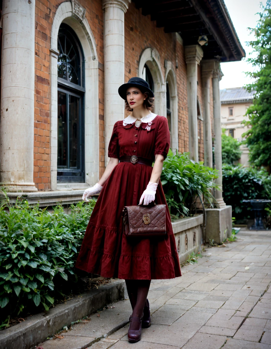 score_9,score_8_up,uncensored,realistic,1girl,<lora:Vintage_Fashion:1>,vintage fashion,hat,brown hair,jewelry,dress,skirt,pantyhose,handbag,gloves,outdoors,architecture