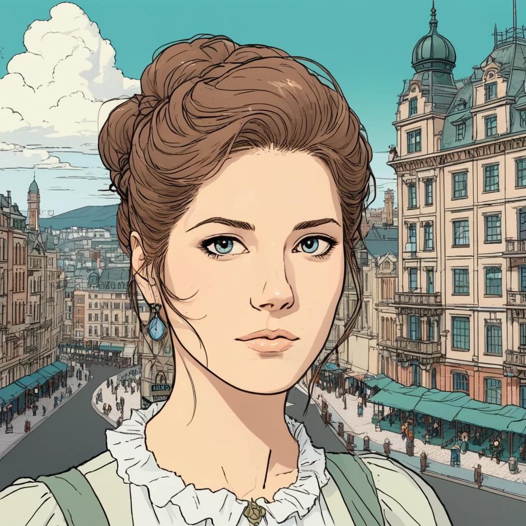 Studio ghibli style illustration of the face of a woman looking at the viewer with a victorian city square in the background,  katxwinnick,   <lora:katwinnick_juggerX_xl_1_st_wocap-katxwinnick-000061:1>