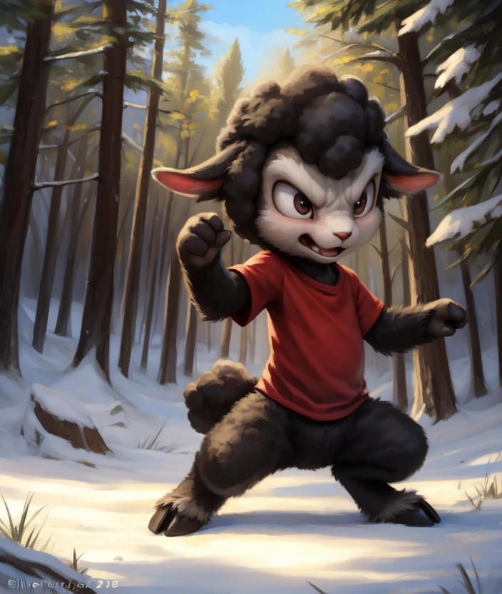 <lora:BlackietheLambN:0.8>  BlackietheLambN,  Lamb,  hooves, red shirt,  black wool, chibi,  (fighting stance, angry pose)
Male, Detailed multicolored skin, ( solo), [day,  forest, trees, meadows, grass, clouds,] solo focus,  
(beautiful, aesthetic, perfect, delicate, intricate), masterpiece, digital drawing, best quality, AS-YoungerV2:0.6, AS-YoungestV2:0.5,   
[by kenket|by totesfleisch8], by thebigslick:by silverfox5213:0.8], [by syuro, by paloma-paloma::0.2, (Tricksta, TotesFleisch8)