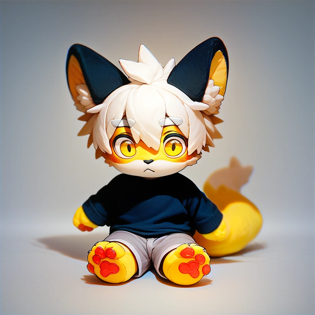 score_9, score_8_up, score_7_up, score_6_up, toys_mikus, fumo style, fumo toys, looking at the view, sitting, white background, , anthro, poyo, paws, boy, shortstack, small boy, (white hair, dark yellow eyes, yellow fur, white fur, yellow paws, tail tip black, black ears), (black sweater, gray shorts),