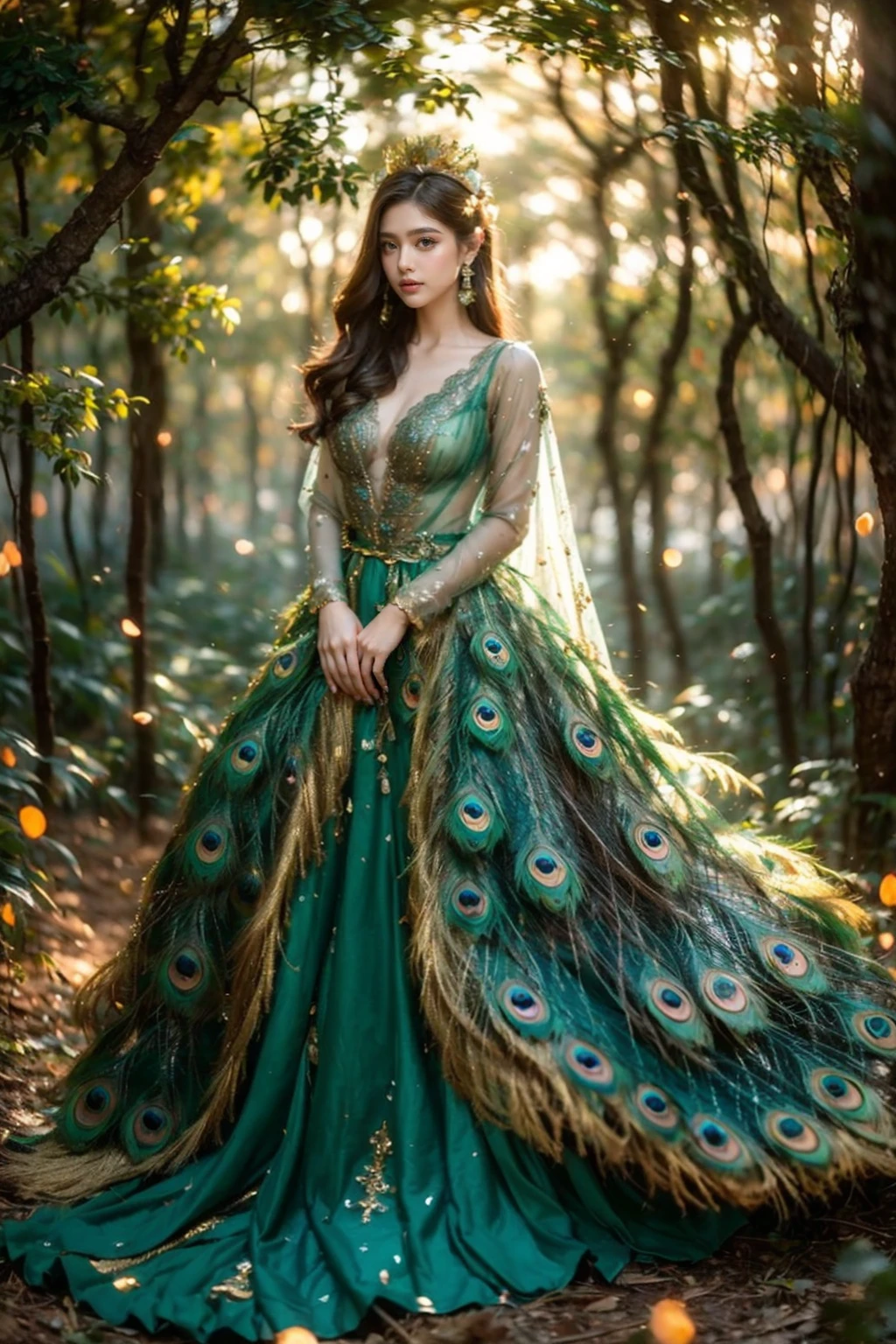 high quality,masterpiece,professional photography,8k,realistic,a girl in a peacock dress standing in a forest, jungle gown, fantasy photoshoot,royal green and nature light,looking majestic in forest,decorated with intricate details in emerald green and gold,solo,standing,long hair,looking at viewer,brown hair,long sleeves,brown eyes,blurry,tree,depth of field,fantasy art style,falling golden sparks add a magical touch to the scene, decorative light bulbs,plant,stairs,((peacock green feathers dress)),detailed textures, <lora:JAY - Jungle Princess:0.8>,