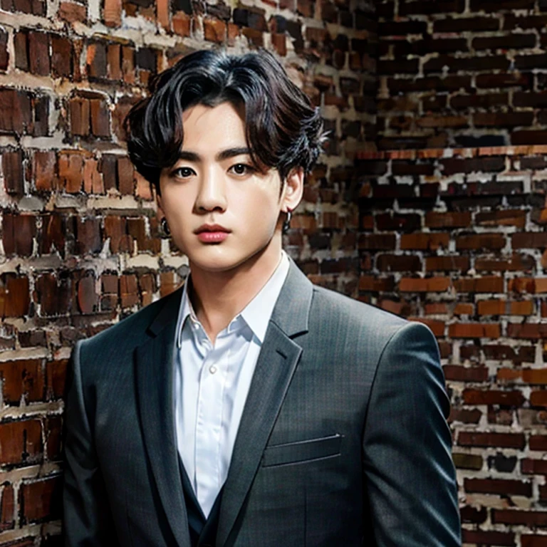 Mafia boy in a gray suit and dark gray hair, Photorealism, real photo, high detail, studio quality, background - brick wall, Ultra HD quality, 8K HD