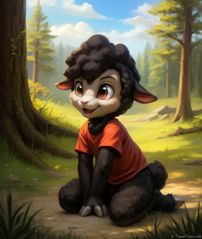 <lora:BlackietheLambN:0.8>  BlackietheLambN,  Lamb,  hooves, red shirt,  black wool, chibi, (kneeling on one leg)
Male, Detailed multicolored skin, ( solo), [day,  forest, trees, meadows, grass, clouds,] solo focus,  
(beautiful, aesthetic, perfect, delicate, intricate), masterpiece, digital drawing, best quality, AS-YoungerV2:0.6, AS-YoungestV2:0.5,   
[by kenket|by totesfleisch8], by thebigslick:by silverfox5213:0.8], [by syuro, by paloma-paloma::0.2, (Tricksta, TotesFleisch8)